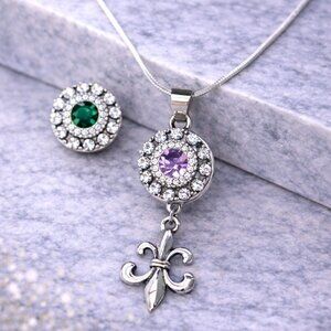 Fleur-de-Lis Snap Necklace Purple & Green Rhinestone 925 Silver Chain